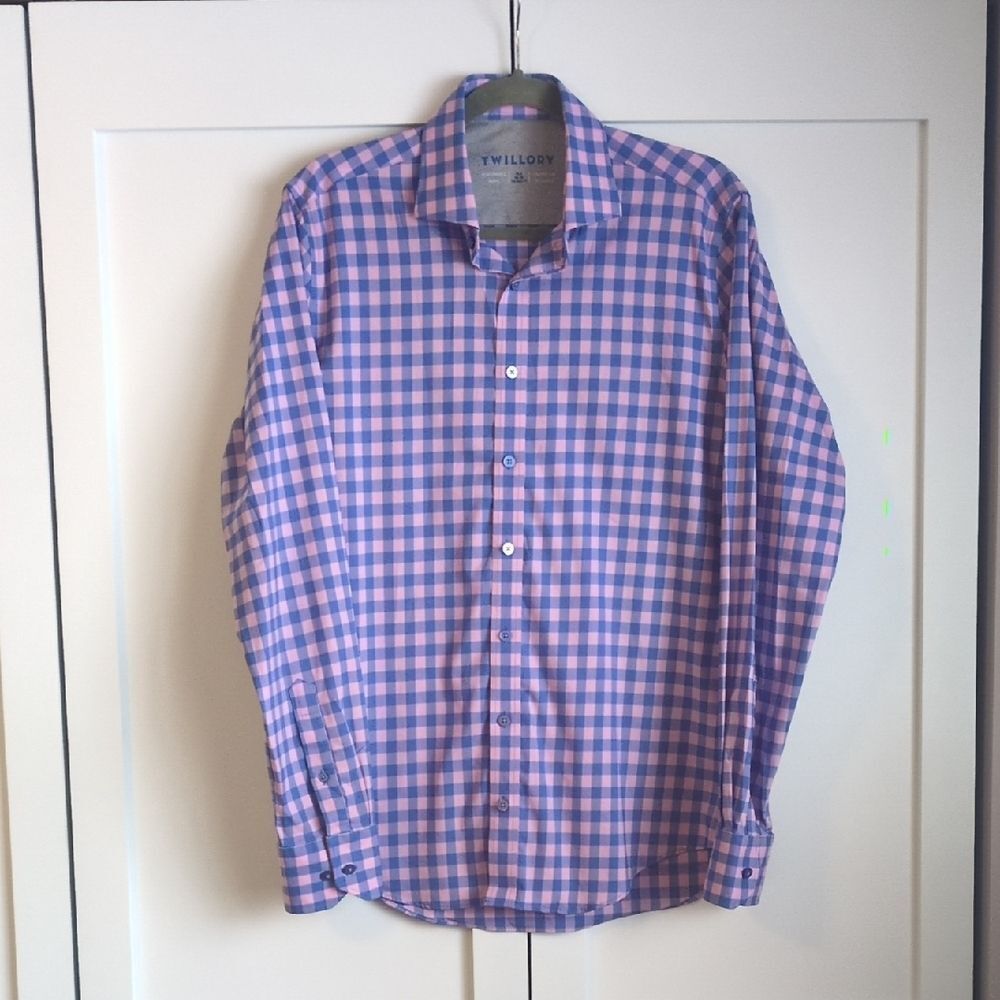 Twillory Performance Dress Shirt Blue Pink Check 15.5 34/35 Tailored Fit